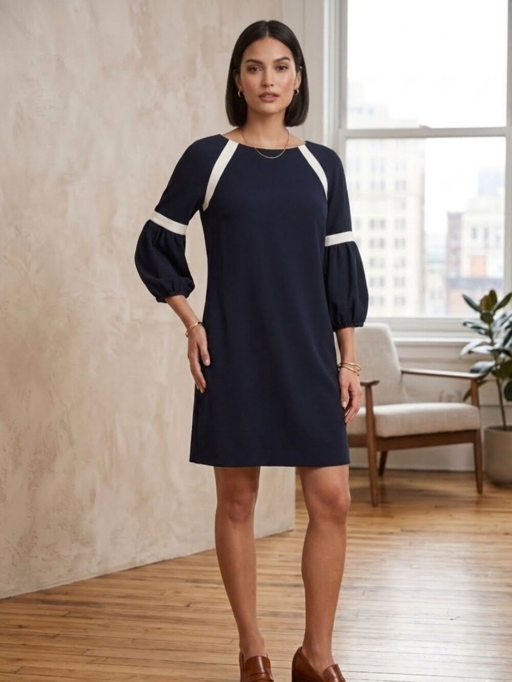 Gabby Skye Navy Mini Dress with Cream Accent